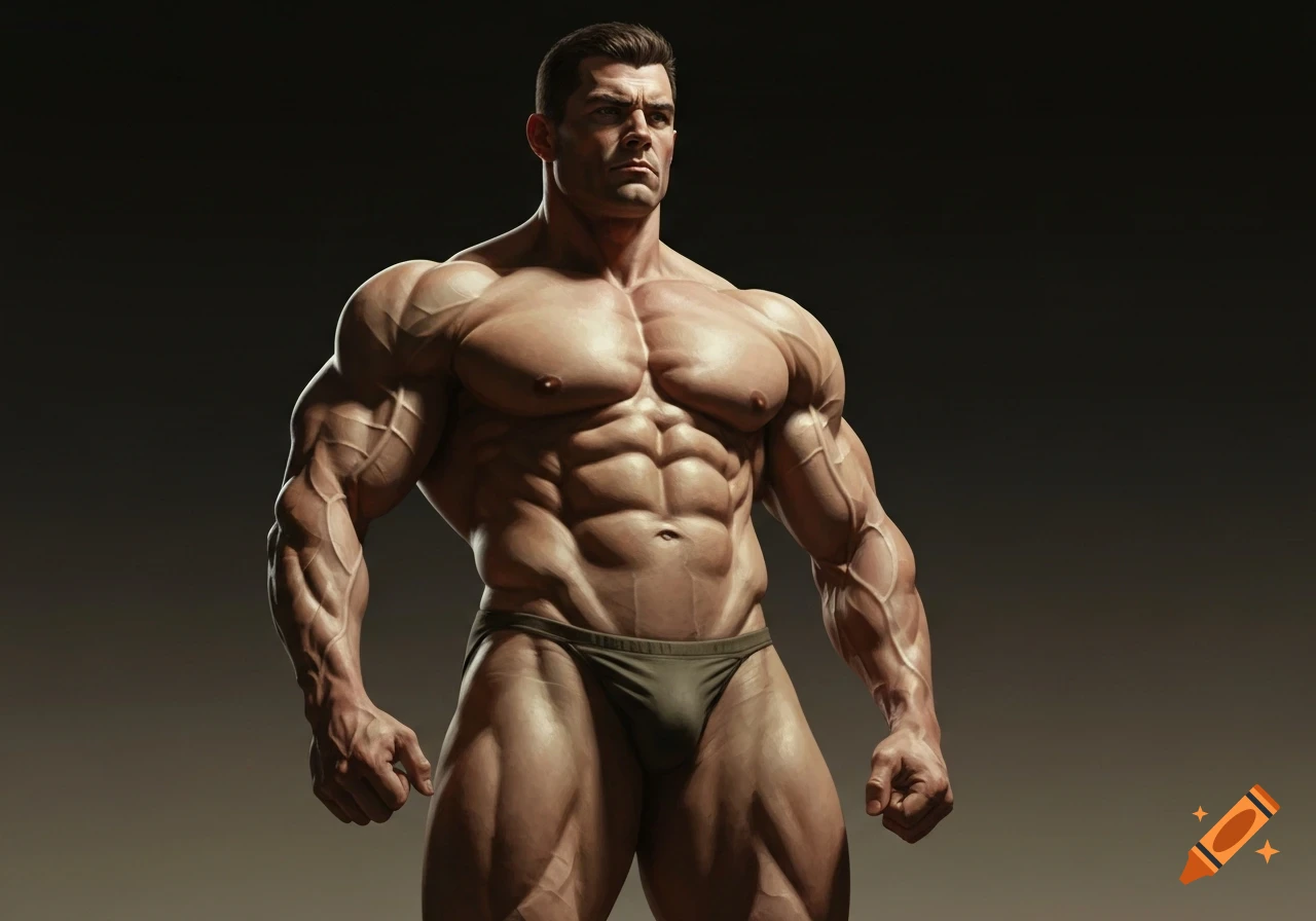 A highly muscular man in a posing brief, flexing his physique against a dark, dramatic background in a photorealistic style.