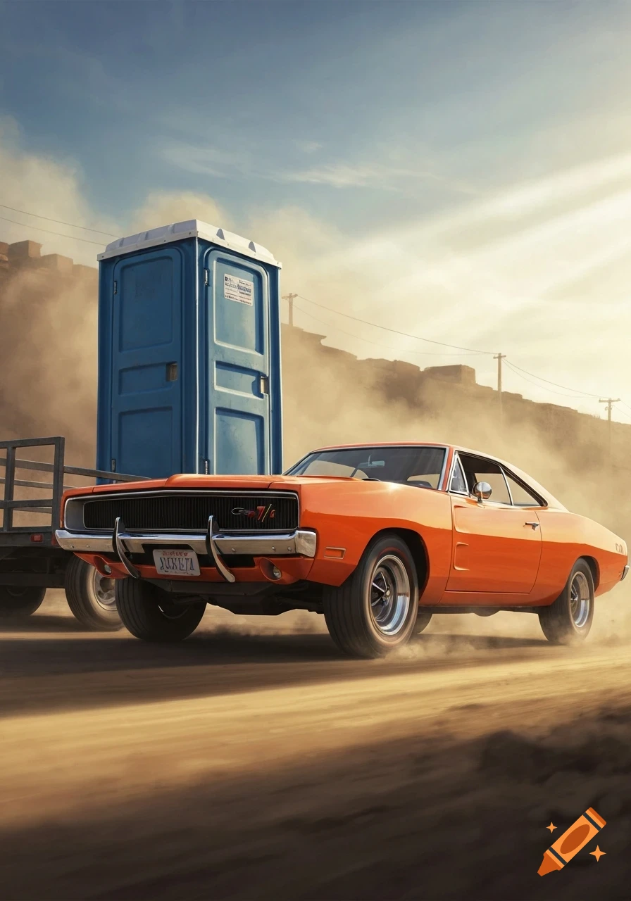 An orange 1969 Dodge Charger pulls a blue portable toilet on a trailer across a dusty road under a bright sky.