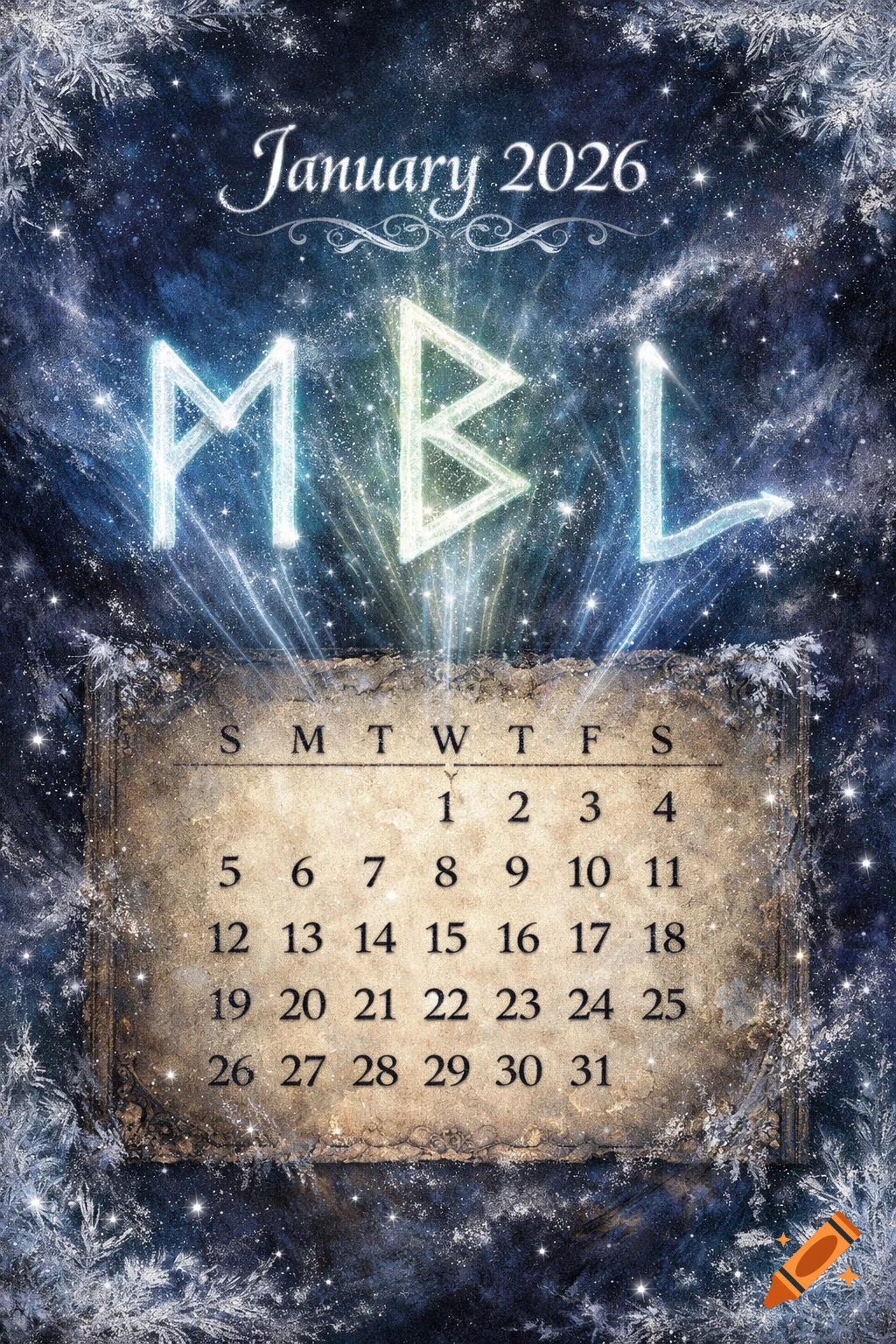 A mystical calendar page for January 2026 with glowing runes Ehwaz, Berkana, and Laguz against a starry winter sky with frosty borders.
