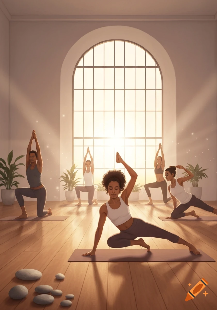 People doing yoga in a bright studio with a large arched window, bathed in sunlight.
