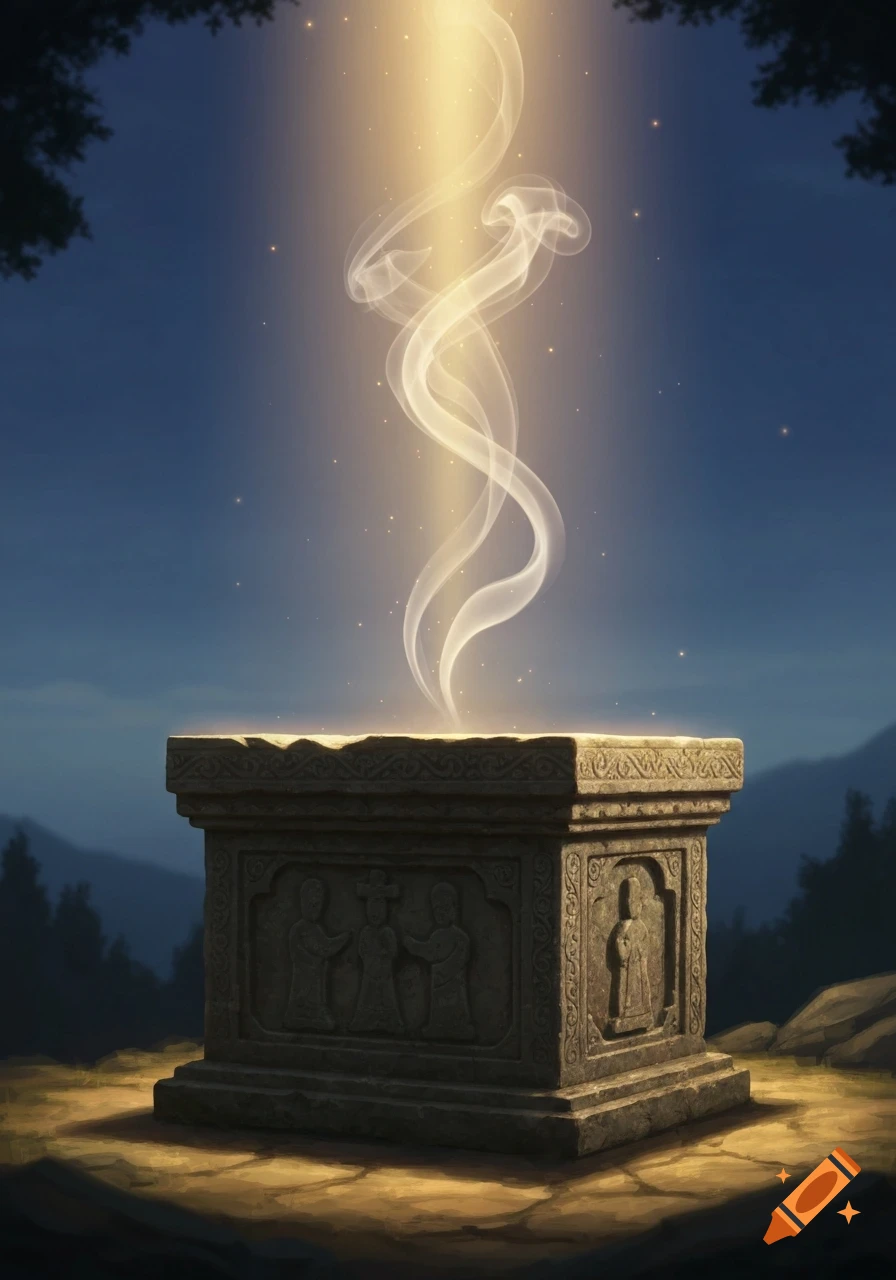An ancient stone altar with carvings emits a glowing beam of light and swirling smoke under a twilight sky.