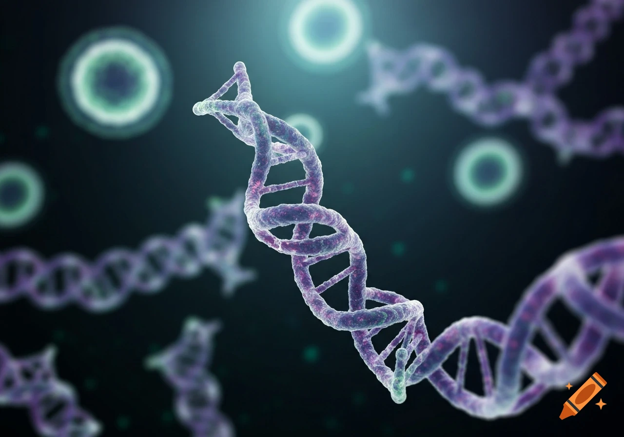 A vibrant purple and blue DNA double helix close-up, with blurred cellular structures in a dark, glowing background.