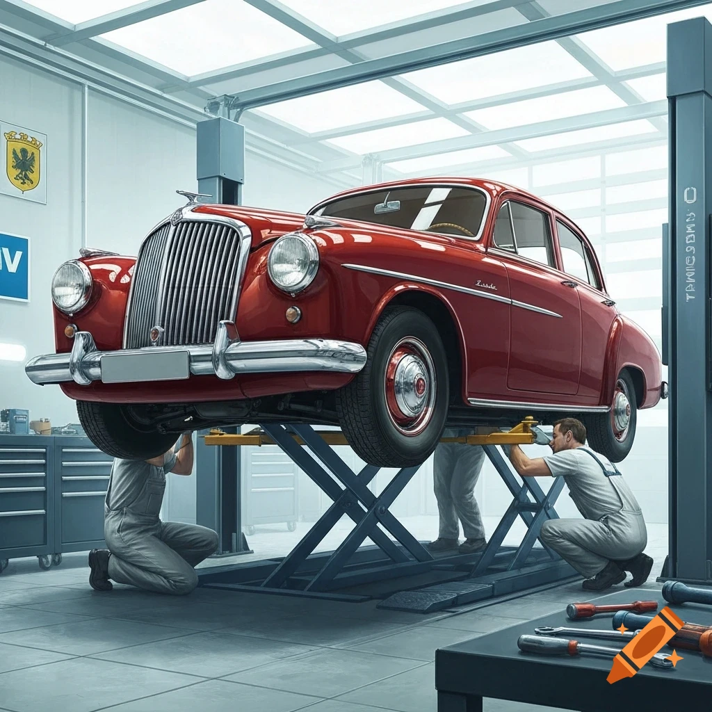 Red vintage car lifted in a bright garage with mechanics working on it, tools on a table, photorealistic style.