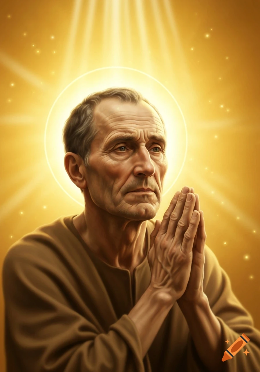 Photorealistic portrait of an elderly man with a halo, hands clasped in prayer against a luminous golden background with rays of light.