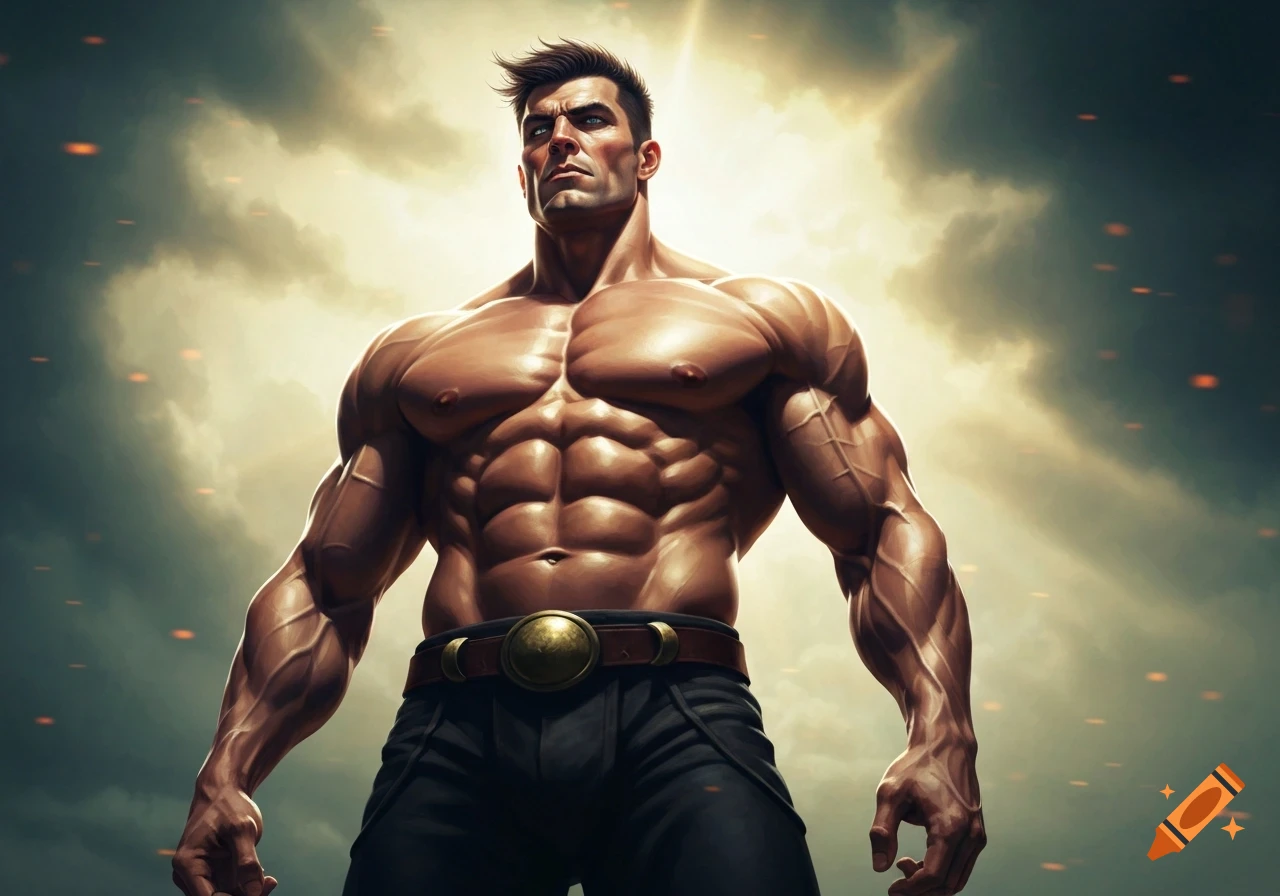 A powerful, extremely muscular man in stylized digital art, standing heroically against a dramatic cloudy sky.