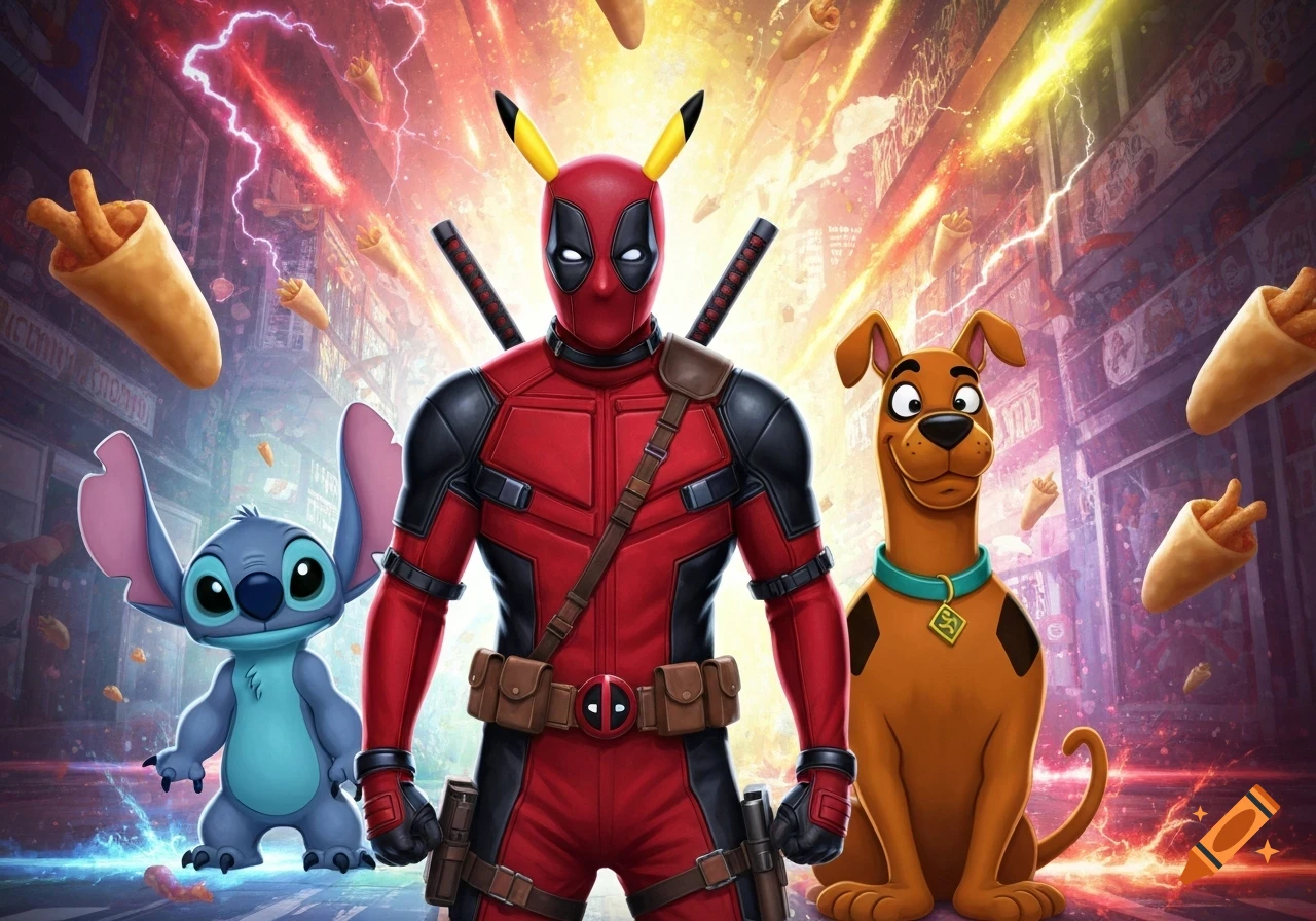 Deadpool with Pikachu ears, Stitch, and Scooby-Doo stand heroically in a street with lightning and flying burritos.