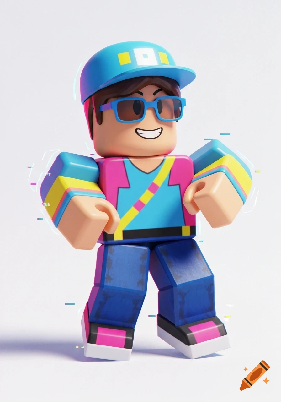 A blocky Roblox-style character in a blue hat, sunglasses, pink and blue shirt, blue pants, and pink shoes, with digital glitch effects.