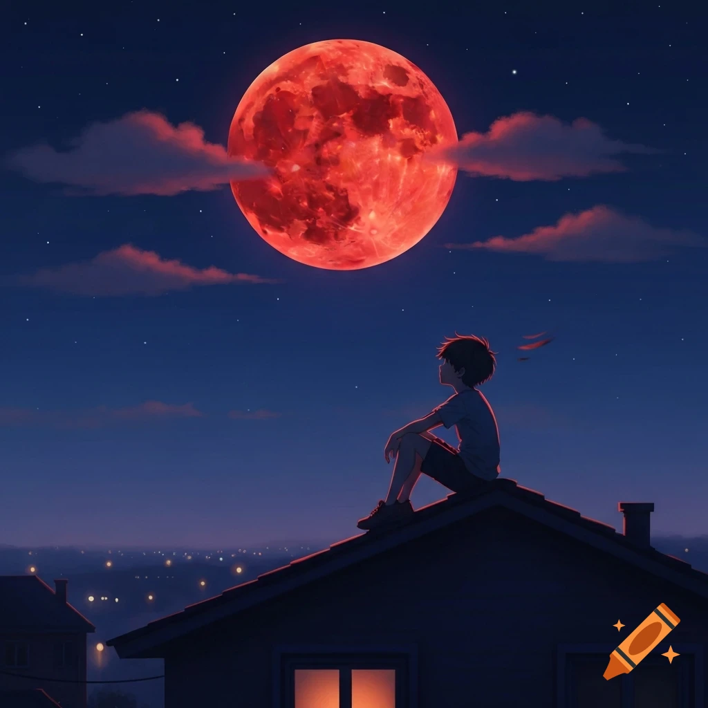An anime boy sits on a rooftop at night, gazing at a large, vibrant red blood moon in the starry sky above a city.