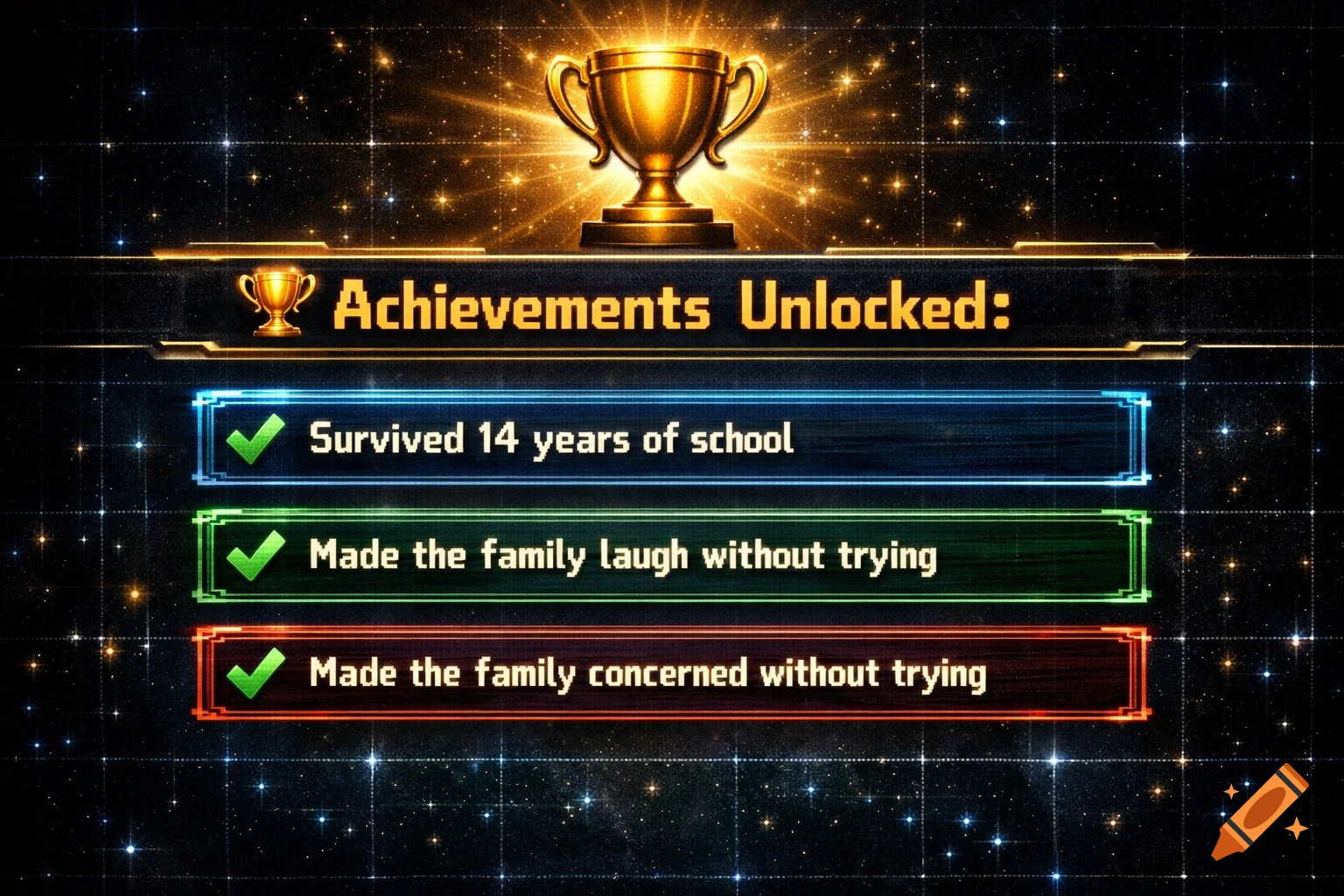 Video game achievement screen showing a golden trophy and lists of unlocked achievements.