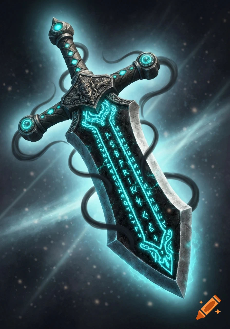 A dark, stylized fantasy two-handed sword with glowing blue runes and ornate hilt details, surrounded by an ethereal aura.