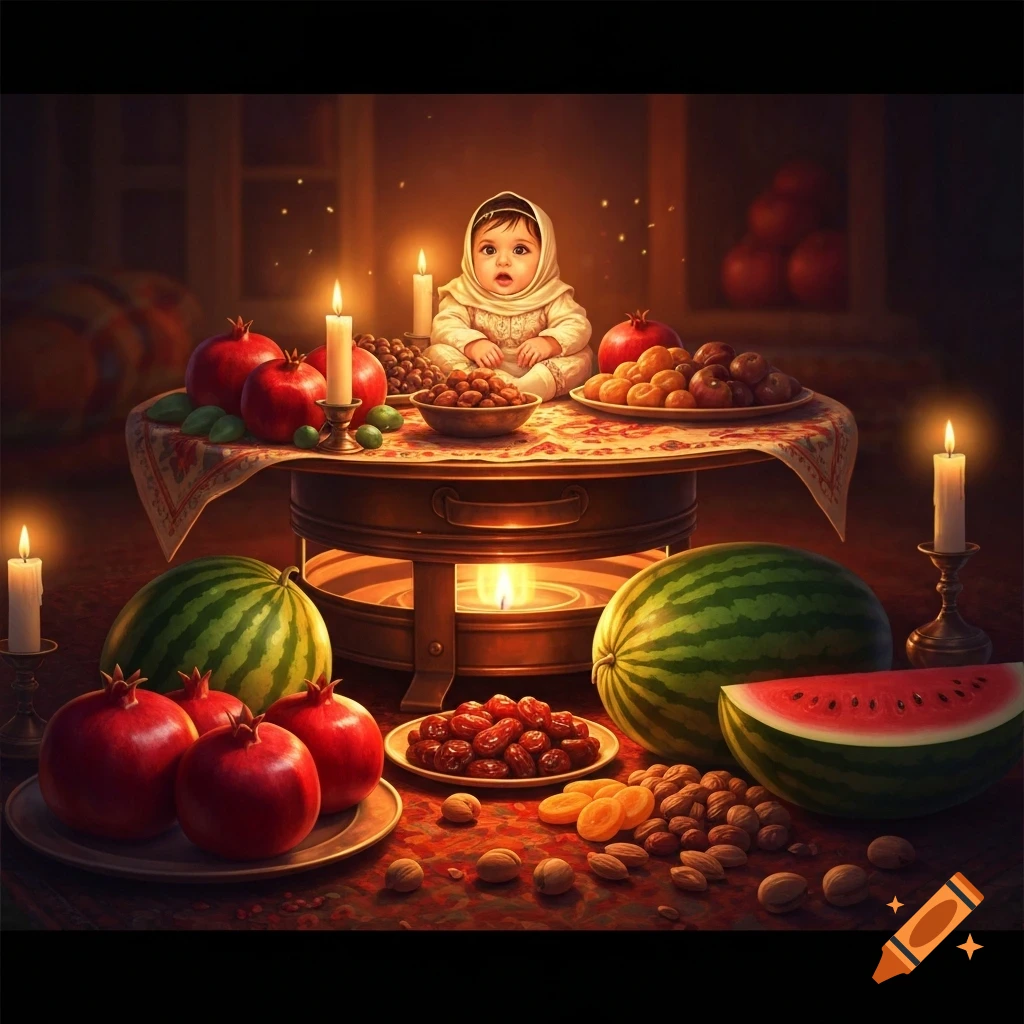 A baby sits among pomegranates, watermelon, dates, and nuts on a candle-lit table for Yalda night.