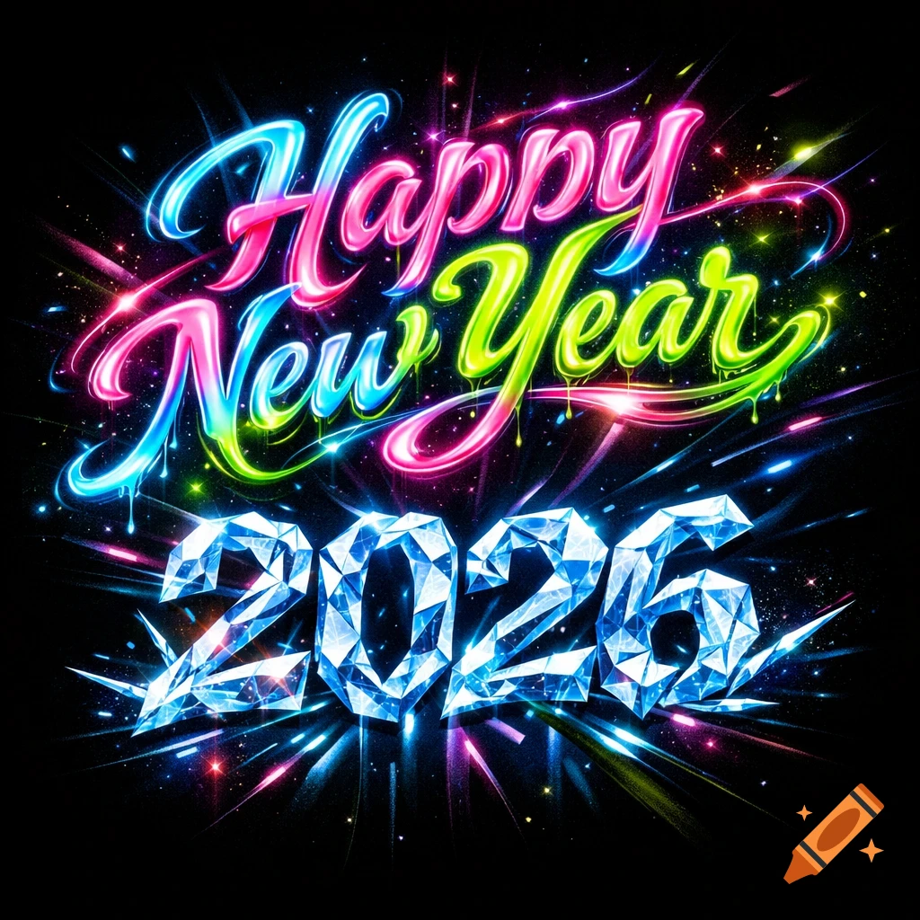 Vibrant neon-style text 'Happy New Year 2026' with sparkling diamond numbers and colorful light bursts on black background.