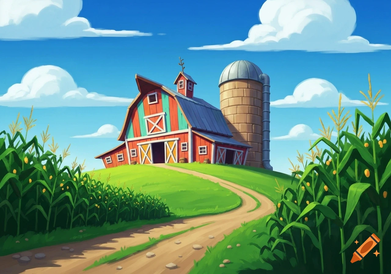 A colorful wacky cartoon barn and silo stand on a grassy hill with a dirt road, surrounded by a green cornfield under a blue sky.