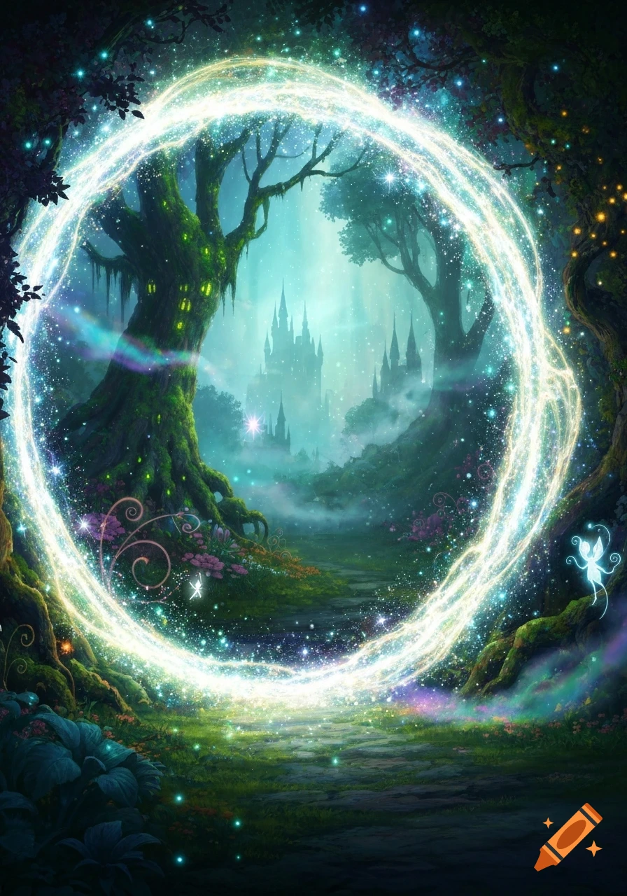 A vibrant fantasy art scene shows a bright glowing portal in an enchanted forest with mossy trees and a distant magical castle.