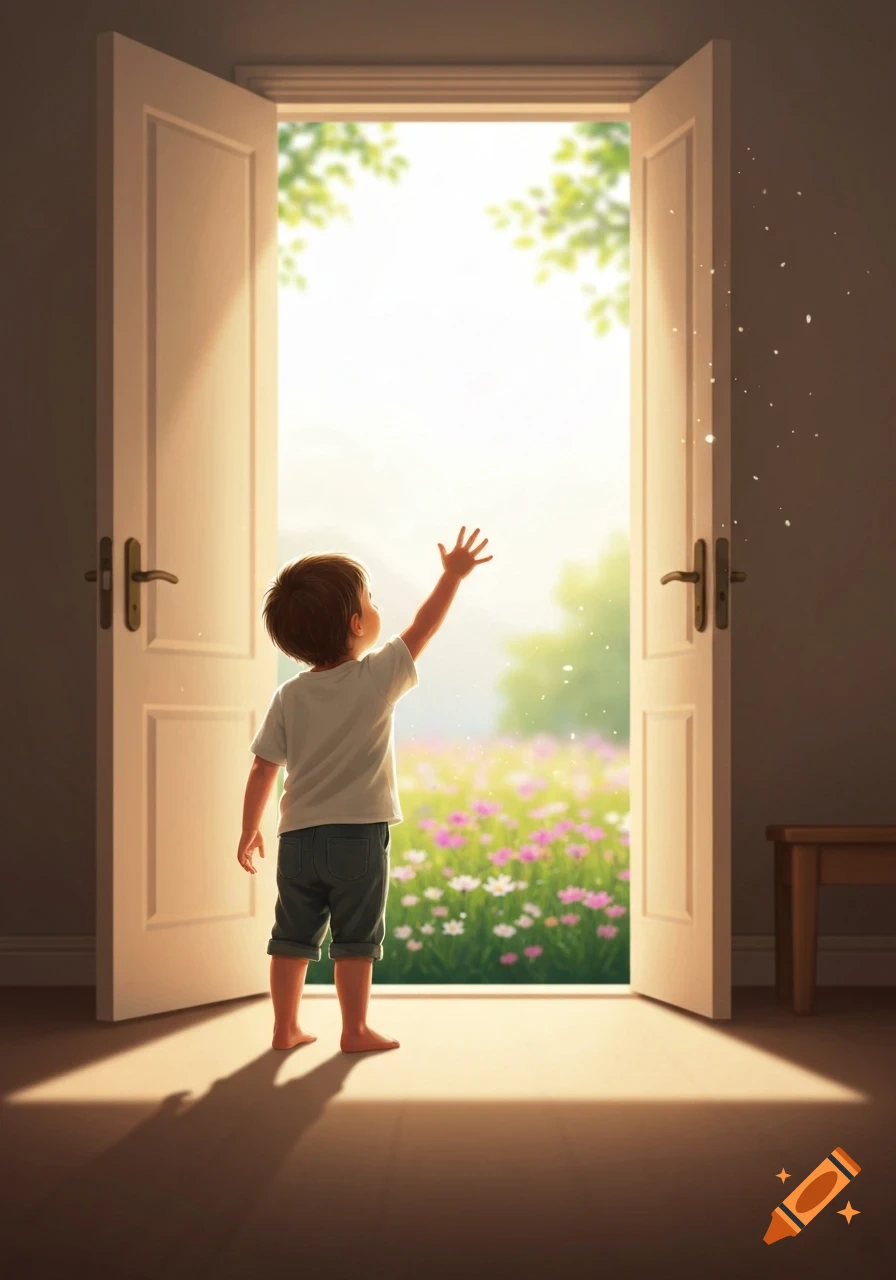 A young child from behind, reaching towards an open door revealing a bright, sunlit field of pink and white flowers.