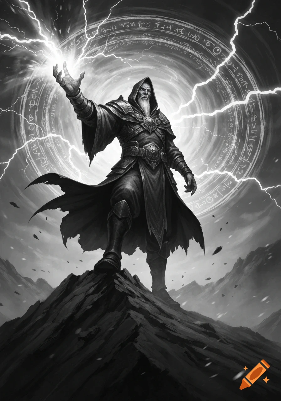 A black and white fantasy illustration of an old wizard with a long beard and hooded cloak standing on a mountain peak, casting bright lightning magic from his raised hand, with a glowing magical circle behind him.