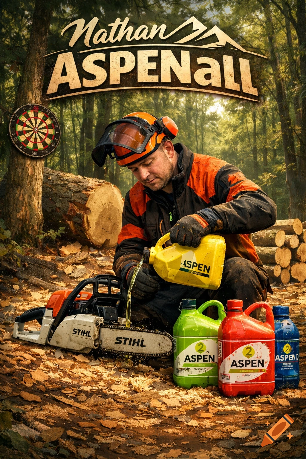 A man in safety gear refuels a Stihl chainsaw in a forest, surrounded by Aspen fuel canisters and cut logs, with a dartboard on a tree.