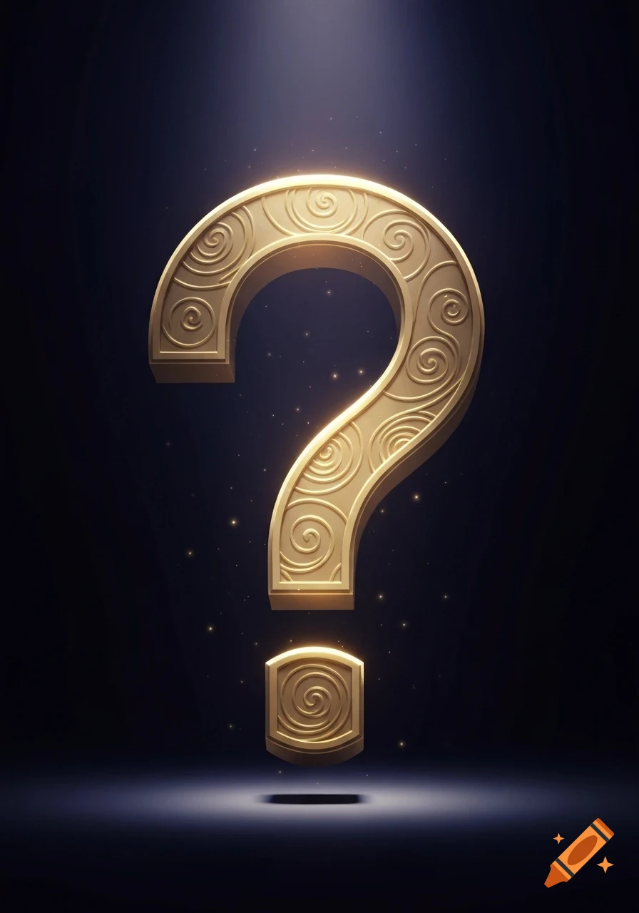 A glowing, ornate golden question mark with intricate scrollwork floats against a dark background with subtle light particles.