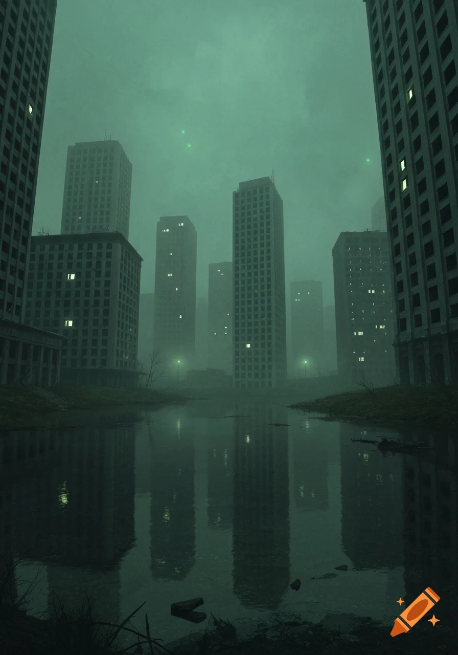 A foggy, abandoned city with towering, derelict buildings reflected in a calm, dark lake under a green-tinted sky with faint lights.