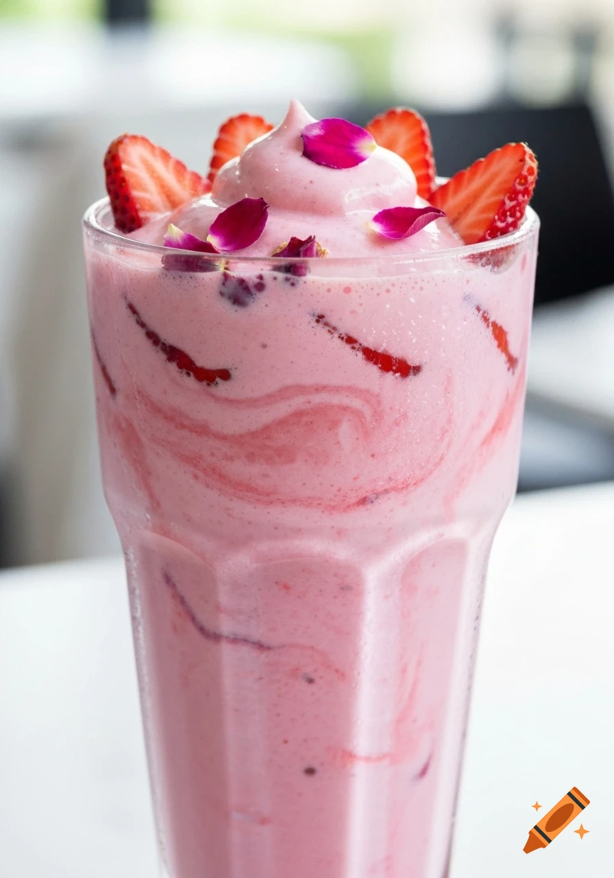 Close-up of a pink strawberry milkshake topped with whipped cream, sliced strawberries, and rose petals in a tall glass.