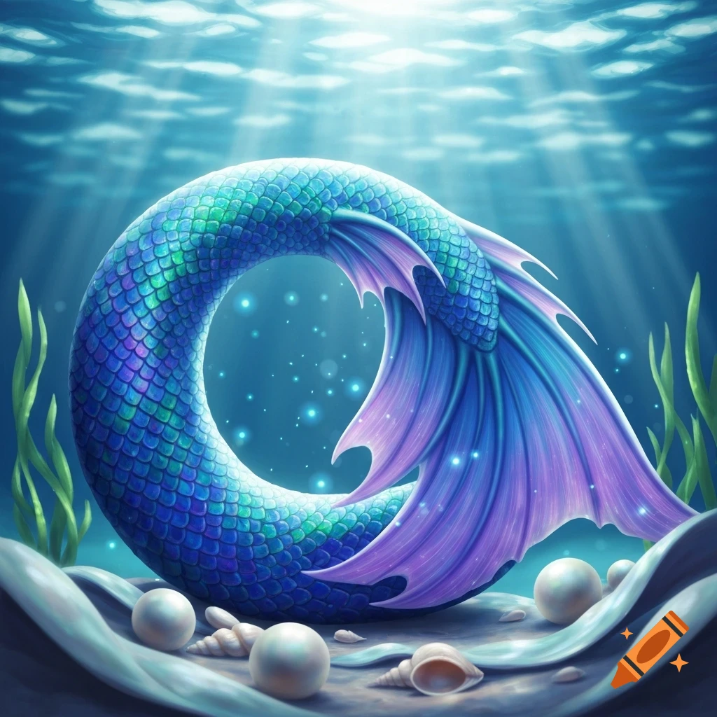 A vibrant blue and purple mermaid tail curled on a sandy ocean floor with pearls and shells, illuminated by light rays from above.