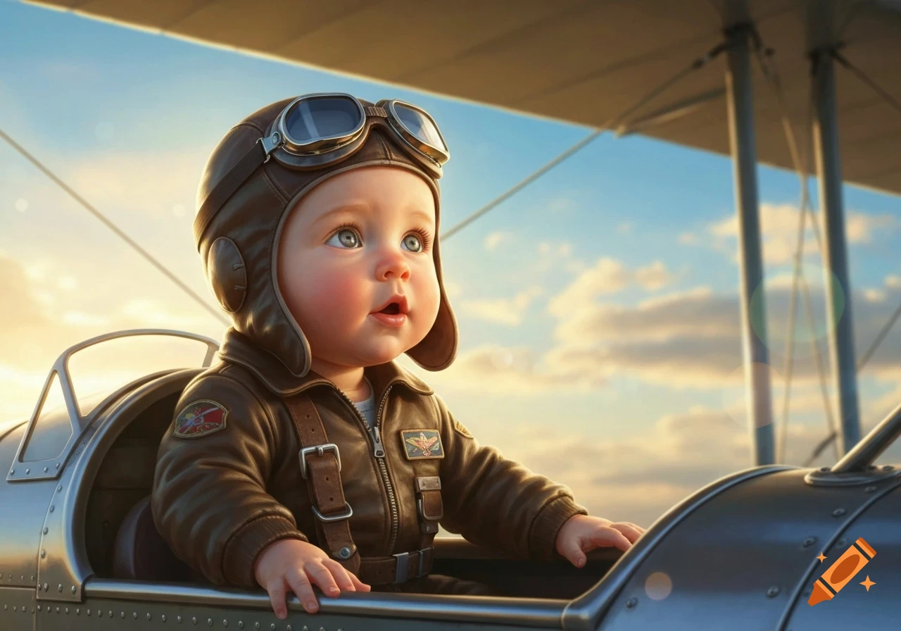 A cute baby wearing a brown leather aviator helmet and jacket sits in an airplane cockpit, looking up at the sky.