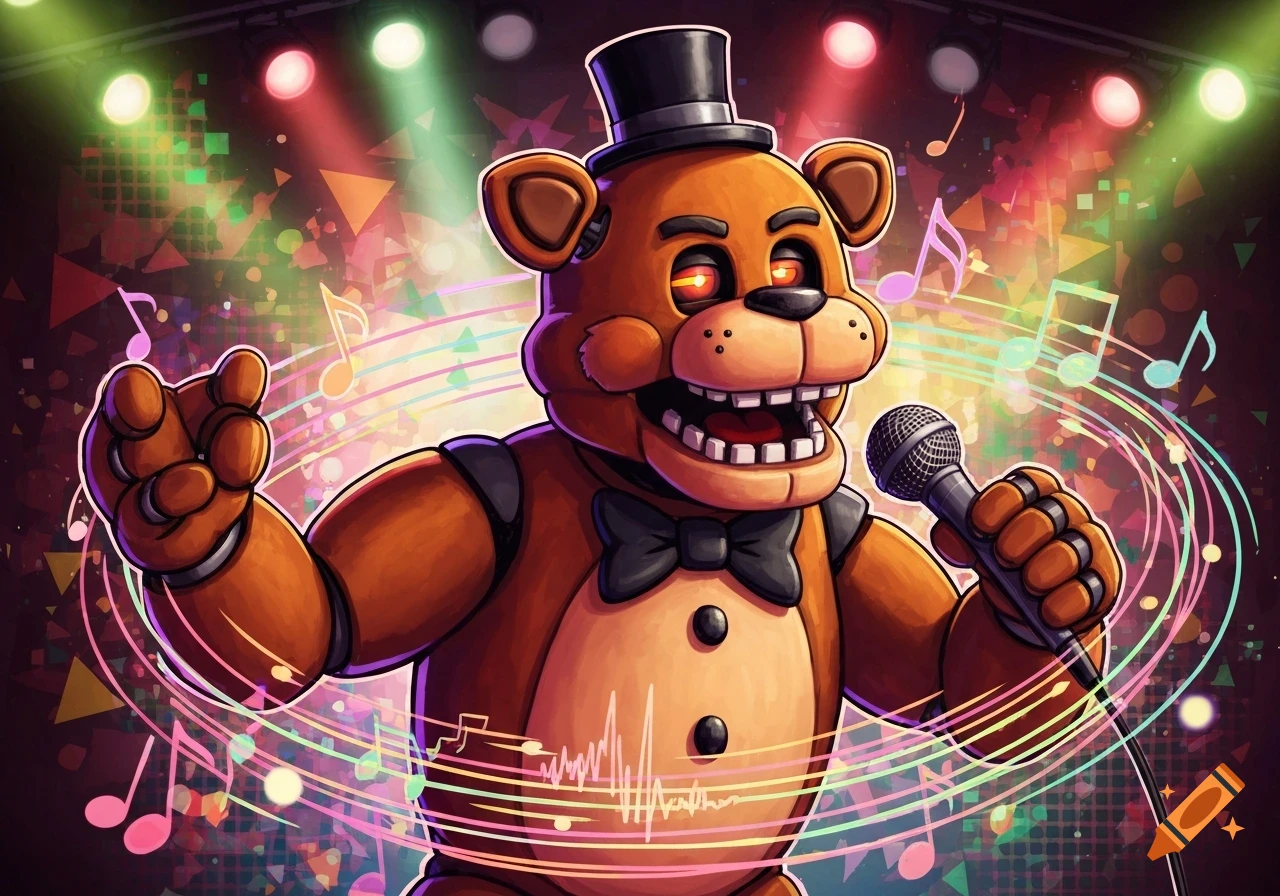 Cartoon illustration of Freddy Fazbear singing into a microphone on a stage with colorful spotlights and musical notes.