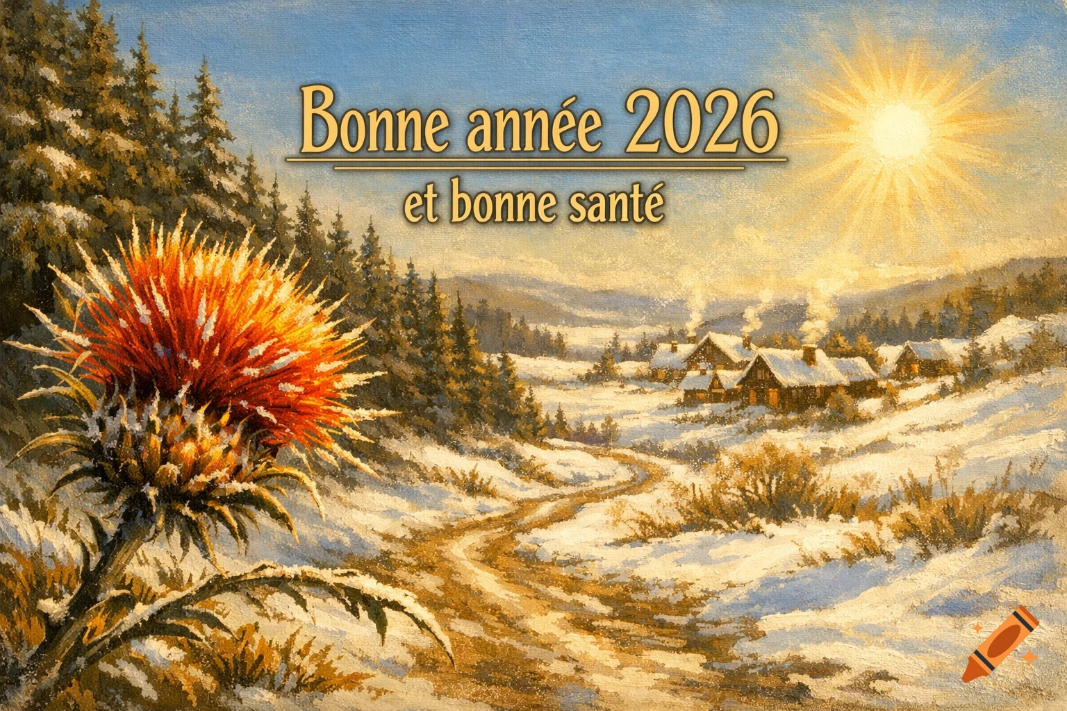 Painting of a snowy winter landscape with a bright thistle, a winding path, distant village, and text 'Bonne année 2026 et bonne santé'.