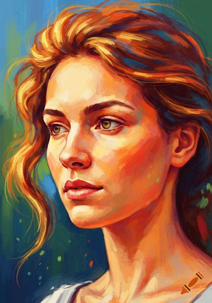 Vibrant impressionistic portrait of a woman with warm orange and yellow hair and skin tones, looking left.
