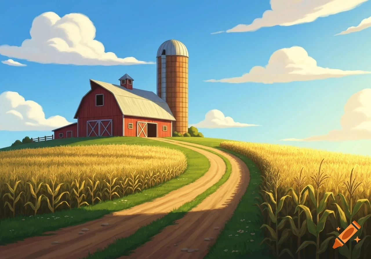 An animated red barn and silo on a hill, surrounded by a golden cornfield and a winding dirt road under a blue sky.