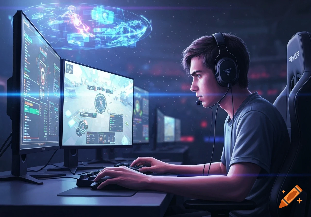 A young man in a headset plays a video game at a multi-monitor setup, surrounded by futuristic holographic displays, in a digital art style.