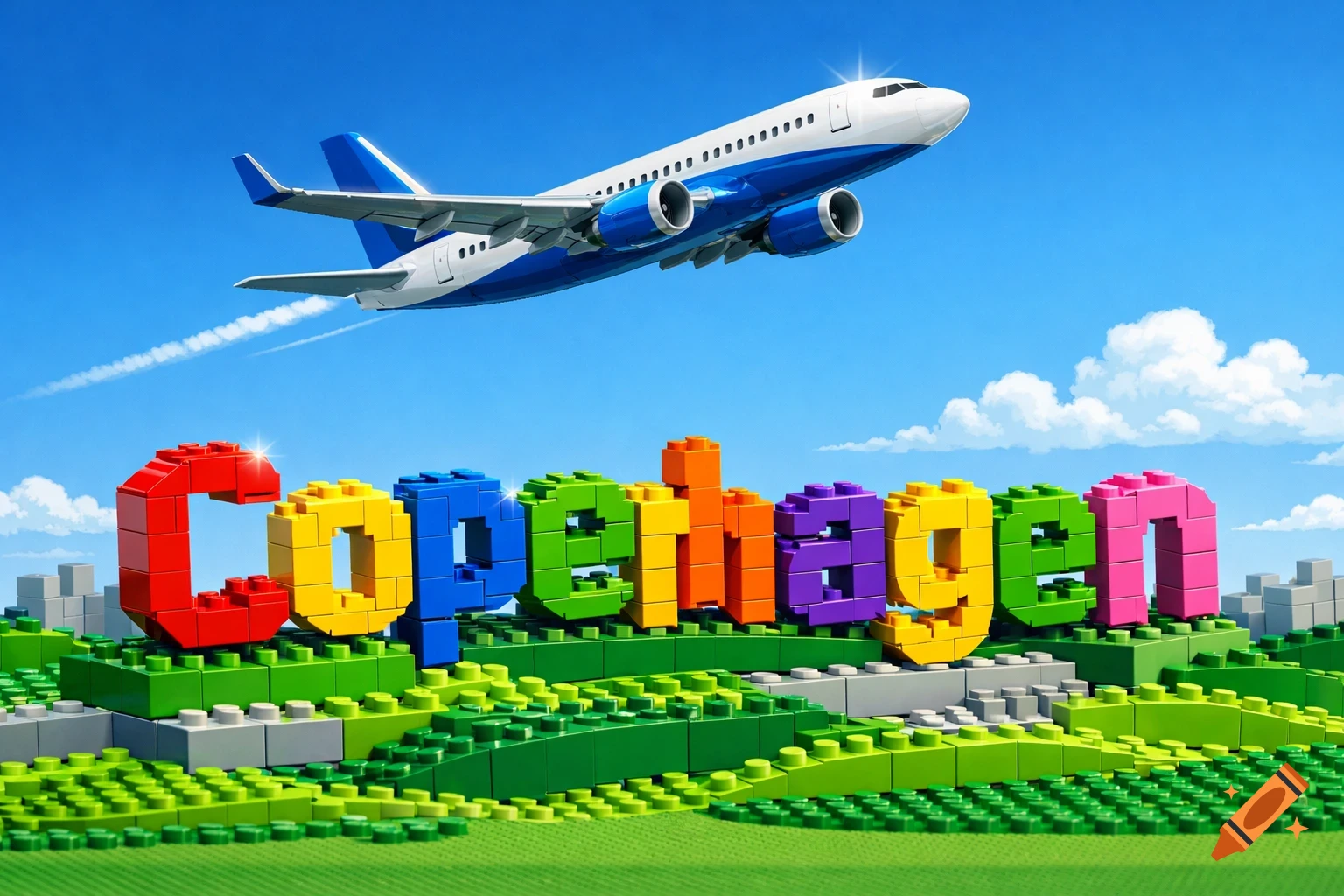 A blue and white airplane flies over a vibrant green Lego landscape featuring colorful Lego letters spelling 'Copenhagen' under a clear blue sky.