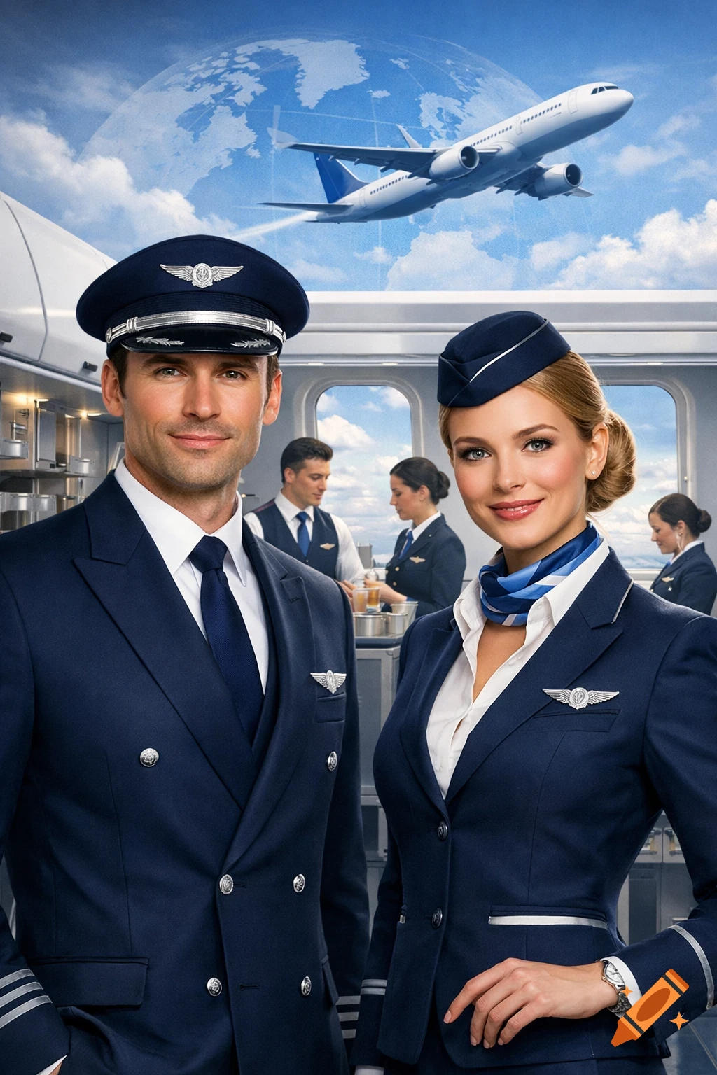 Photorealistic image of a smiling pilot and flight attendant in navy blue uniforms, standing in an airplane galley with a plane and globe in the background.