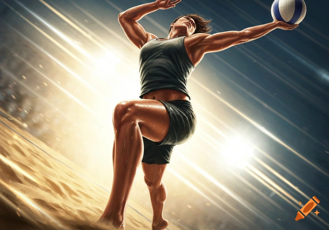 Muscular athlete jumping to hit a volleyball on a sandy court under dynamic lighting, painted style.