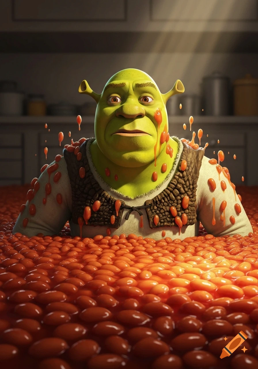 Shrek stands in a kitchen, submerged up to his chest in a pool of baked beans, with beans splattering on him.