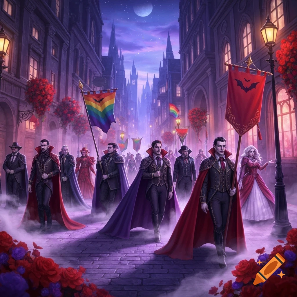 Vampires parade down a dark, gothic street under a full moon, holding rainbow and bat flags, surrounded by red roses.