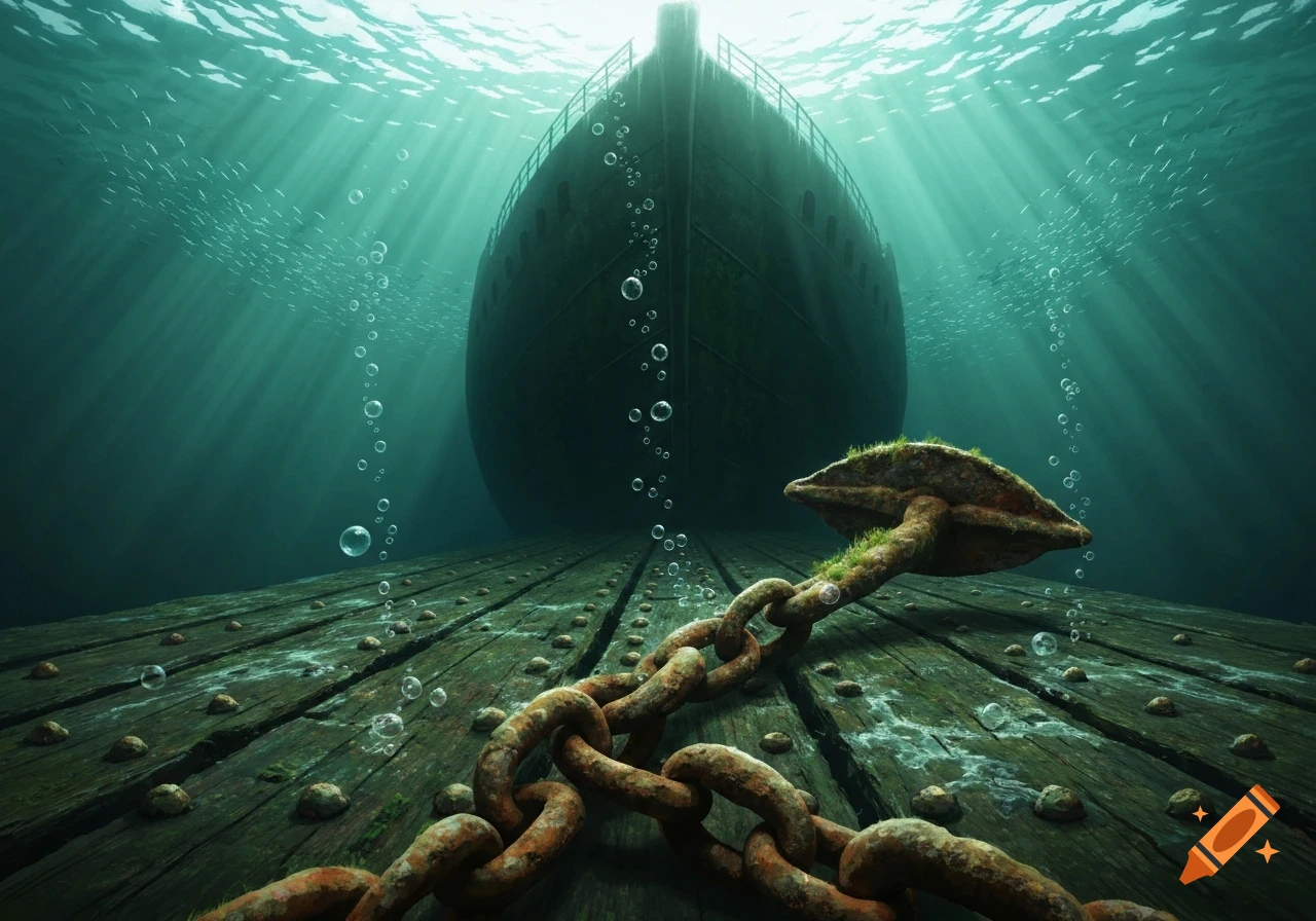 An underwater view of a sunken ship, with a large rusty anchor and chain in the foreground on a wooden seabed. Sunlight beams through the water.