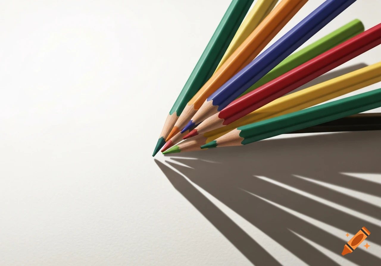 Colorful sharpened pencils fanned out on a white surface, casting long shadows.