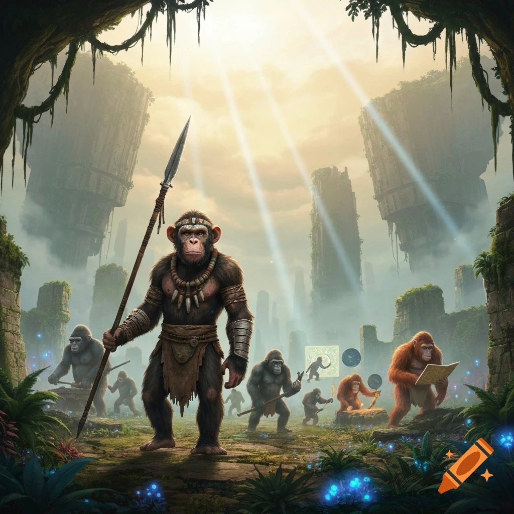 A large ape warrior with a spear leads other apes through misty ancient ruins under a luminous sky.