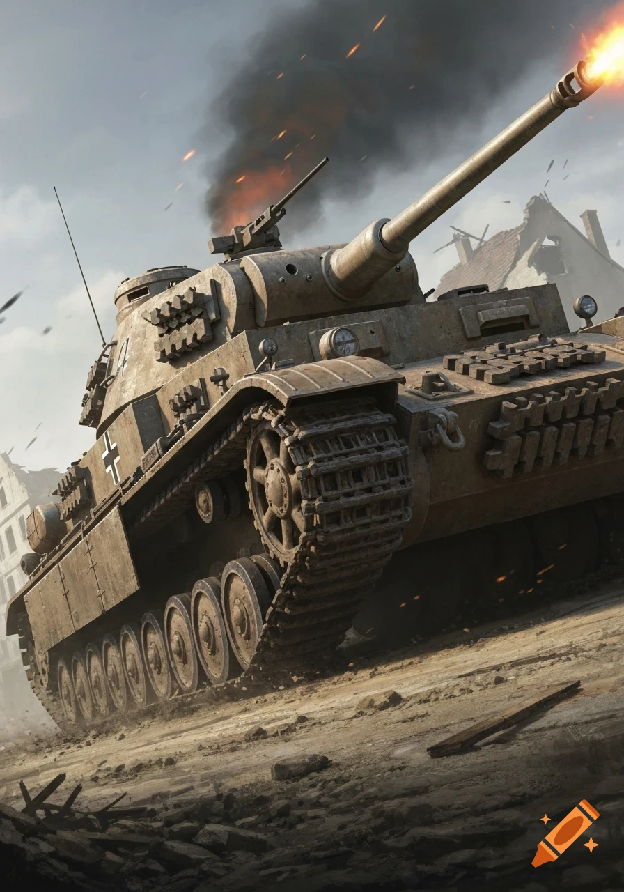 A photorealistic depiction of a military tank firing its cannon and moving through a destroyed town under a smoky sky.