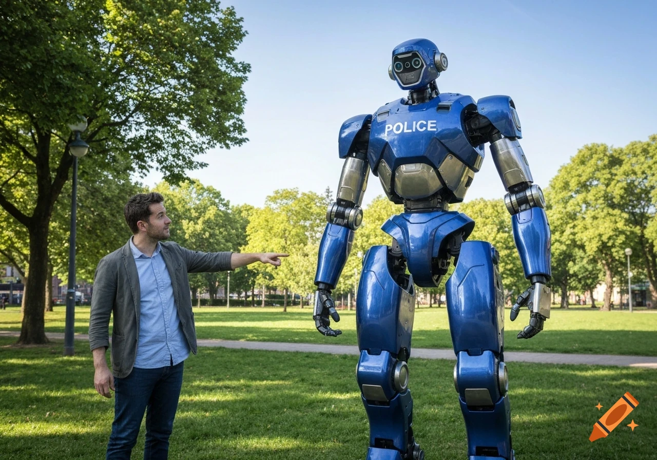 A man points at a tall, blue police robot standing in a sunny park.
