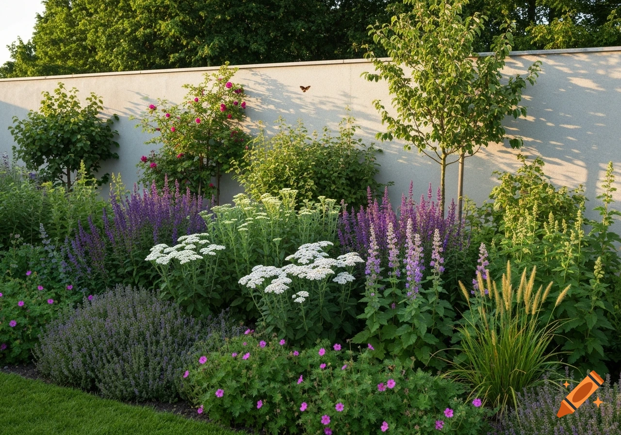 Lush garden with purple, white, and pink flowers, green bushes, and trees against a light wall under late afternoon sun.