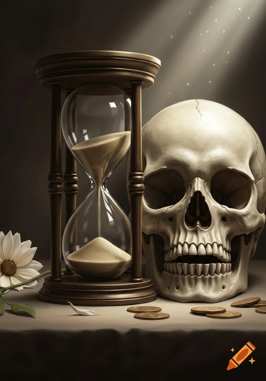 A dark still life featuring a light-colored human skull next to a wooden hourglass, a white flower, and scattered coins, lit by a beam of light.