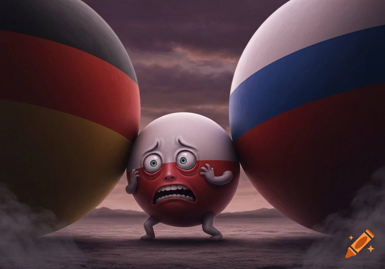 A scared Poland ball squeezed between a large Germany ball and Russia ball on a barren landscape, in a cartoon style.