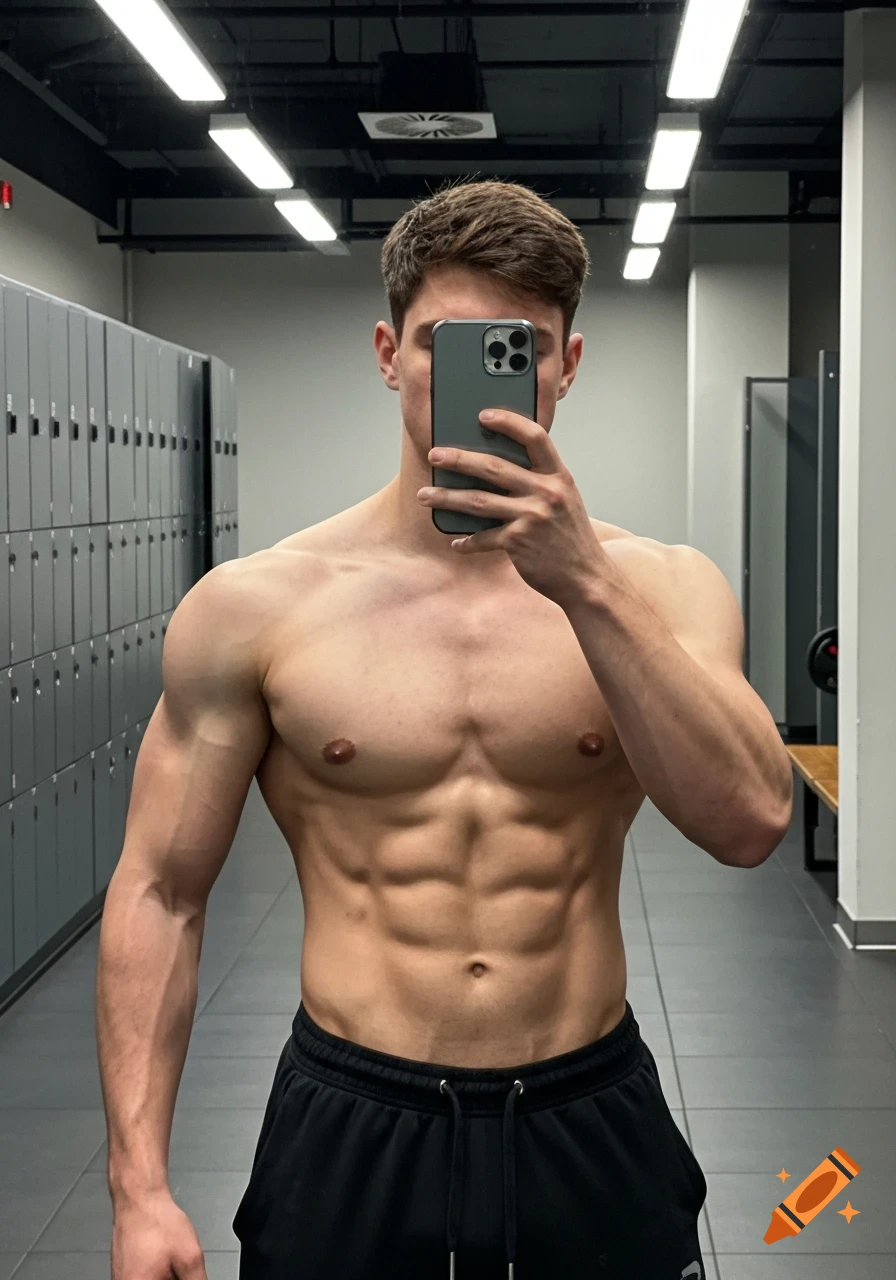 Muscular young man taking a mirror selfie in a modern gym locker room, chest and abs visible.