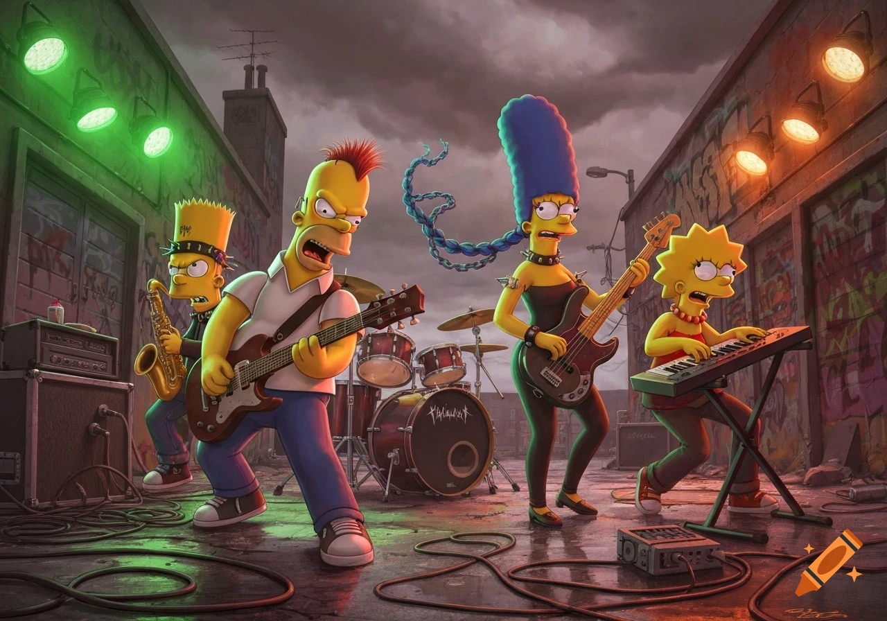 The Simpsons as a punk nu-metal band performing on a gritty street, with Homer on guitar, Bart on saxophone, Marge on bass, and Lisa on keyboard.