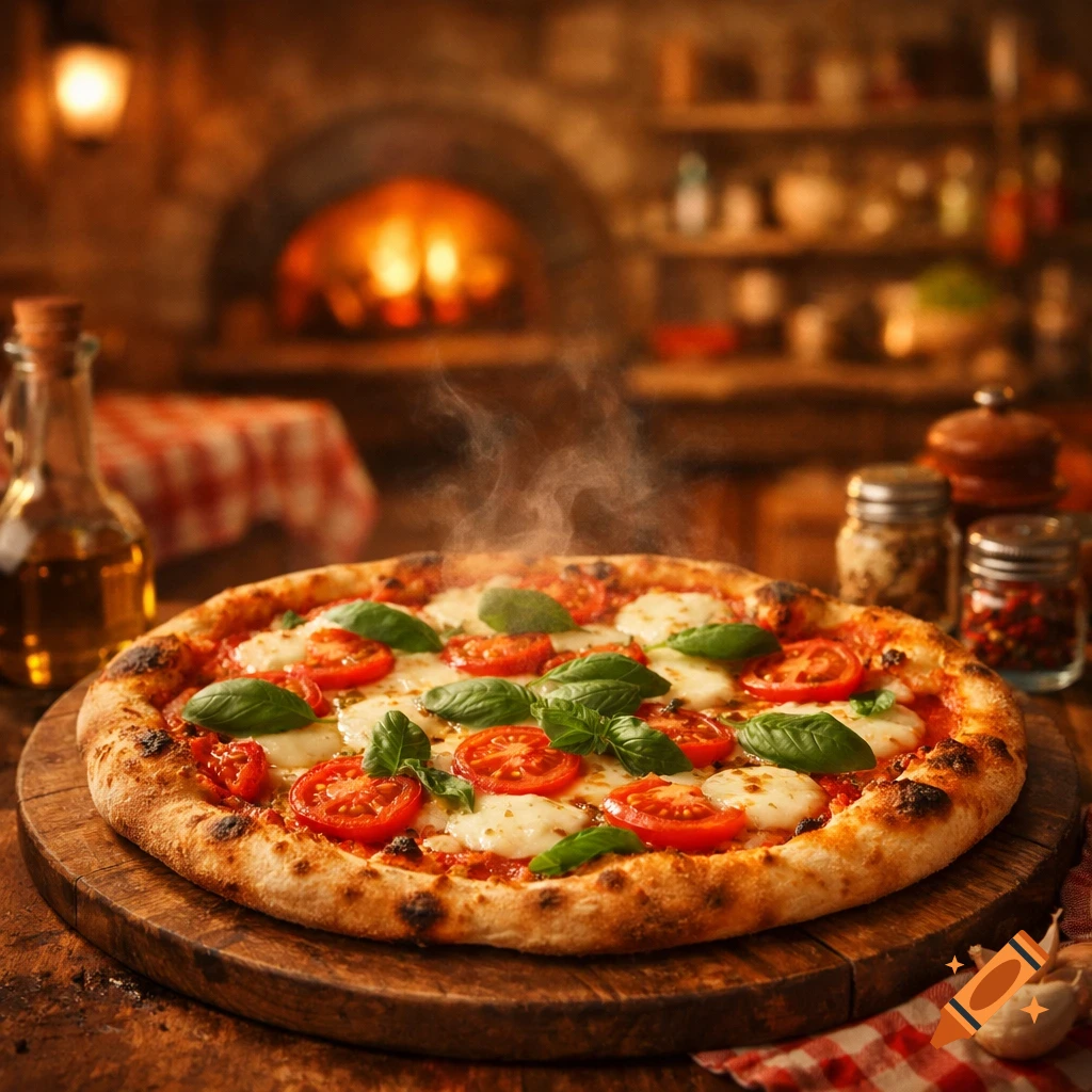 A steaming, photorealistic Neapolitan pizza with mozzarella, tomatoes, and basil on a wooden board, with a rustic brick oven in the background.