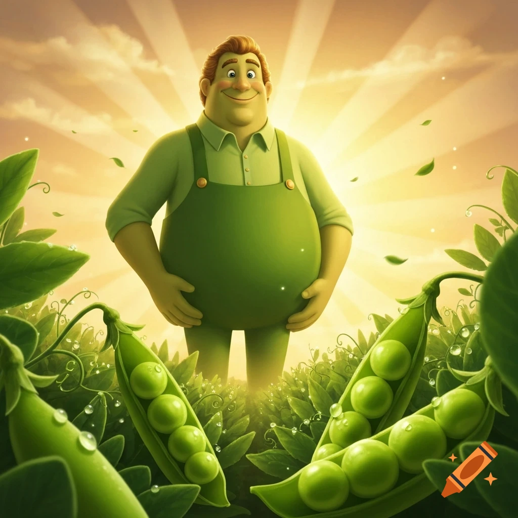 A jolly, portly man in green overalls smiles, standing amidst giant pea pods in a radiant, cartoonish field.