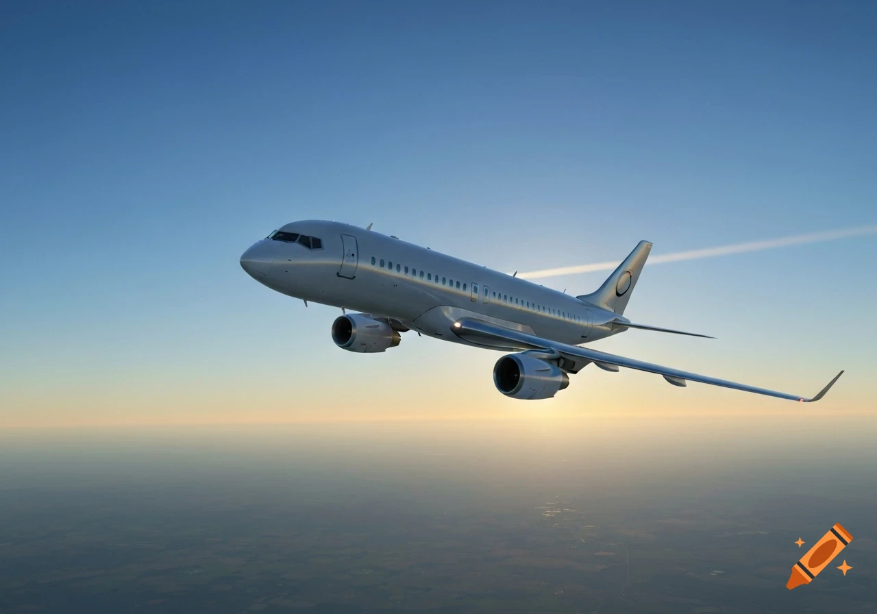 A silver passenger airplane flies through a clear blue sky with a subtle sunset glow on the horizon, seen from the side.
