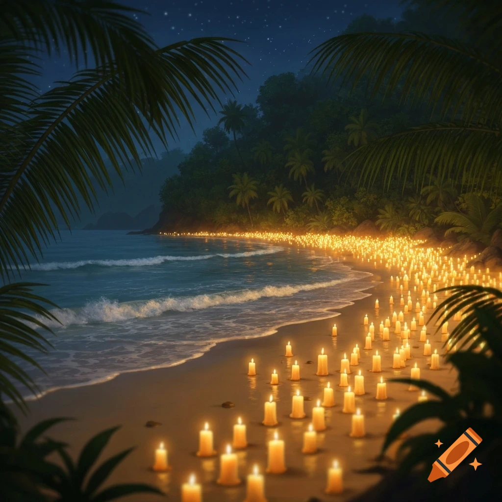 Tropical beach at night illuminated by hundreds of lit candles along the shore, with palm trees and a starry sky.